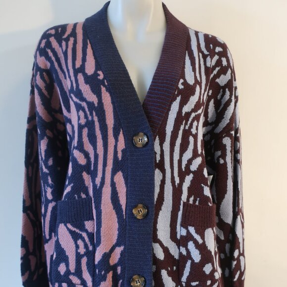 Women Alivia Blue Pink Leopard Alpaca Wool Knit V-Neck Cardigan Sweater L - Picture 4 of 10